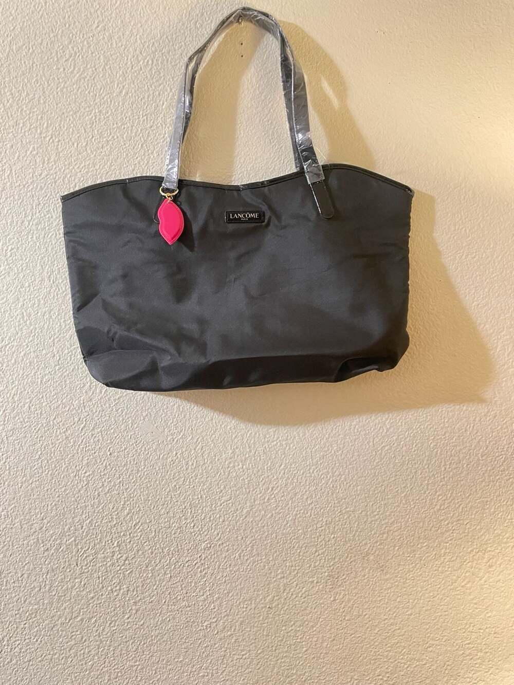 Lancôme Paris Black Nylon Tote Bag with Pink Lip Charm